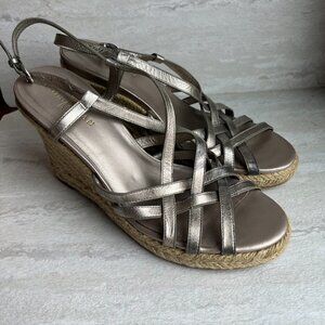 Cole Haan Strappy Silver Metallic Espadrille Wedge Sandals Size 8.5B